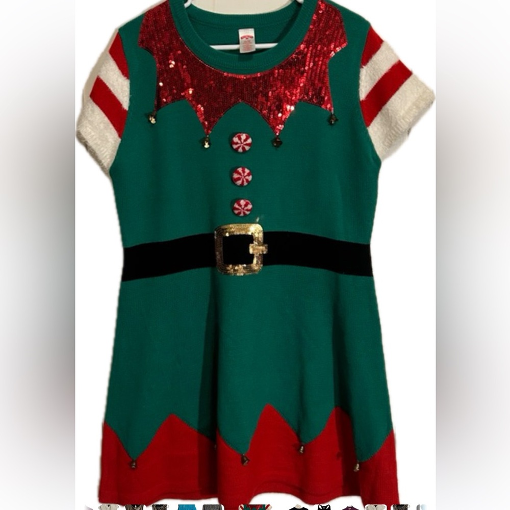 Holiday Time Women’s Ugly Christmas Sweater Sequin Elf Dress for Xmas